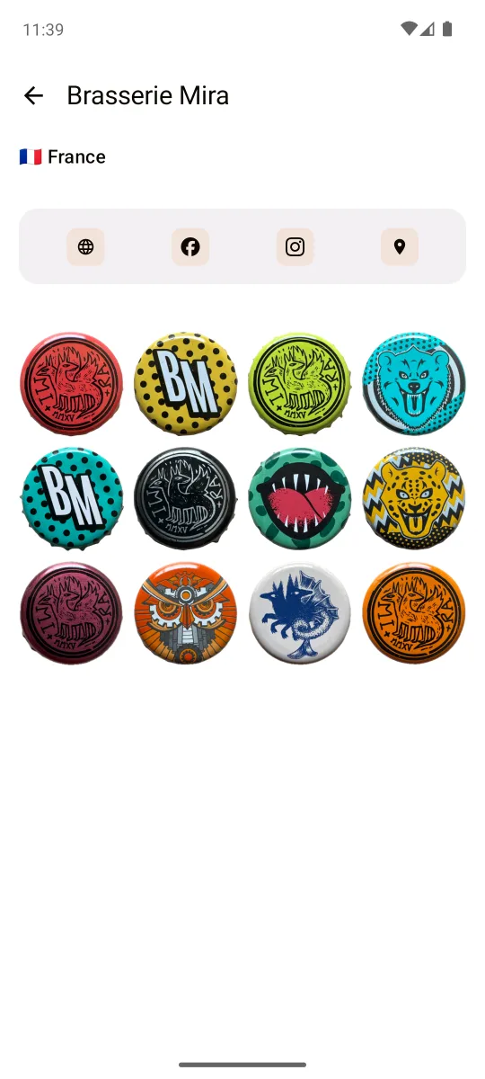 Brewery page for Brasserie Mira, France, showing twelve colourful caps